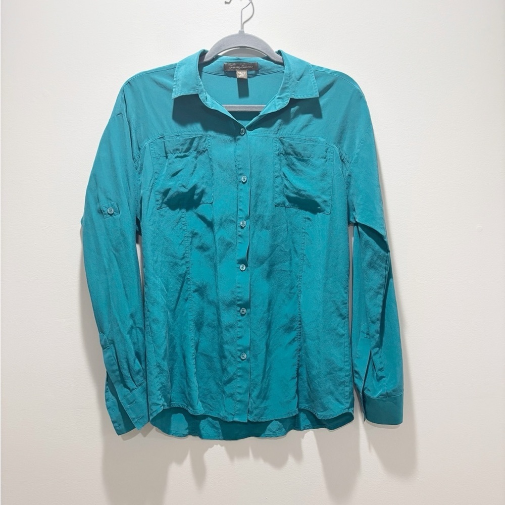 Tommy Bahama Turquoise Teal Silk Casual Button Down Shirt Roll Tab Sleeves XS